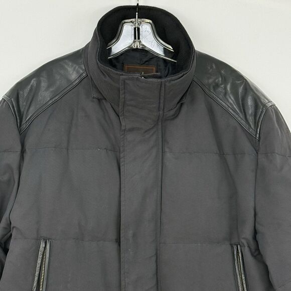 Cole Haan Men’s Down Puffer Jacket Black Leather Trim Size M Winter - Picture 4 of 16